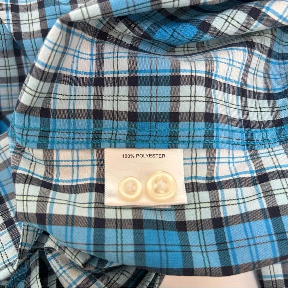 Peter Millar Summer Comfort Polyester Blue‎ Plaid Long Sleeved Size Large